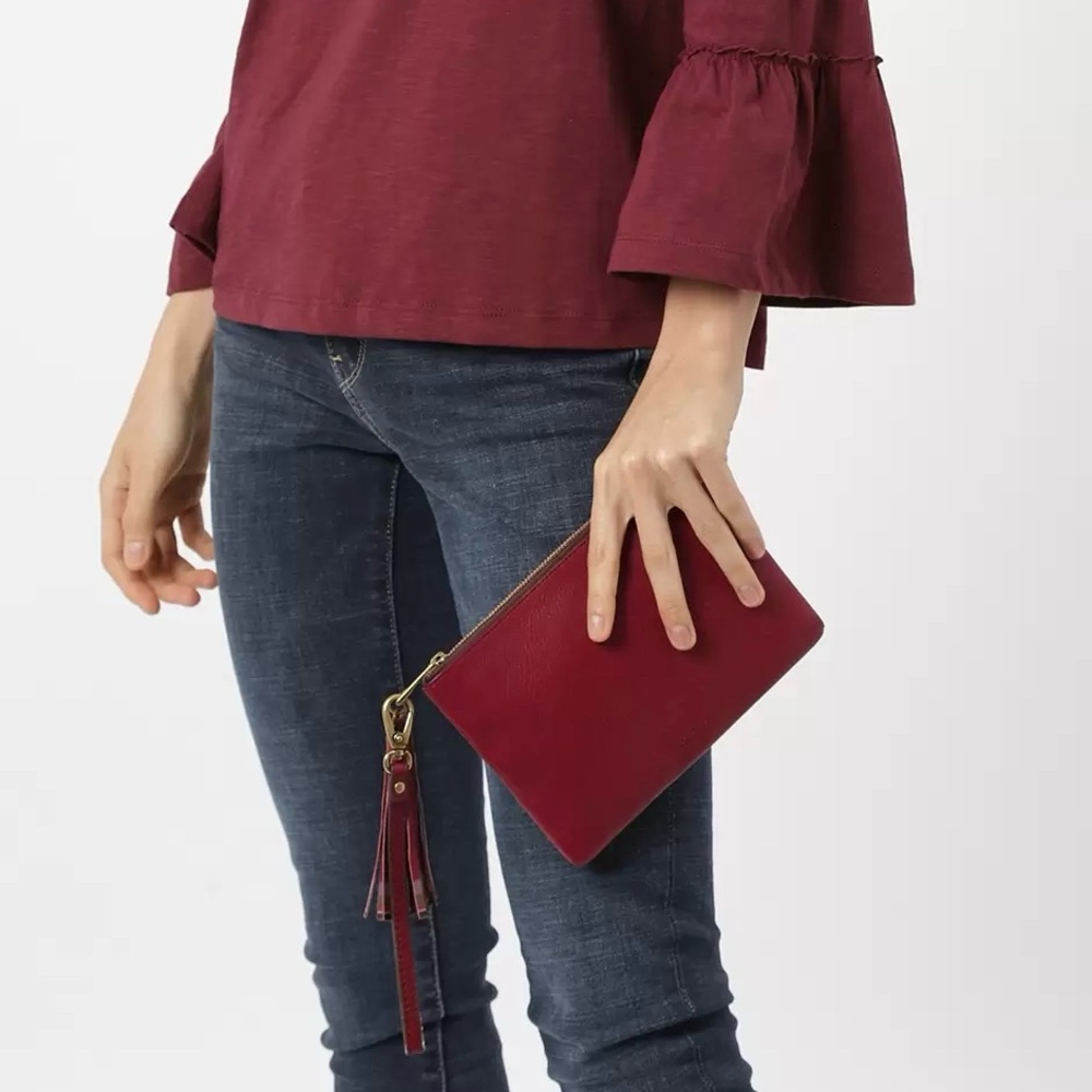 Fossil Burgundy Leather Tassel Clutch Wristlet